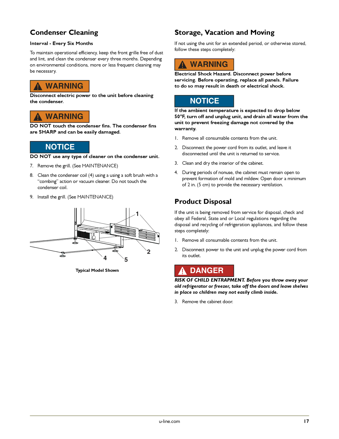 U-Line U-2275ZWCOL-60 manual Condenser Cleaning, Storage, Vacation and Moving, Product Disposal, Interval Every Six Months 