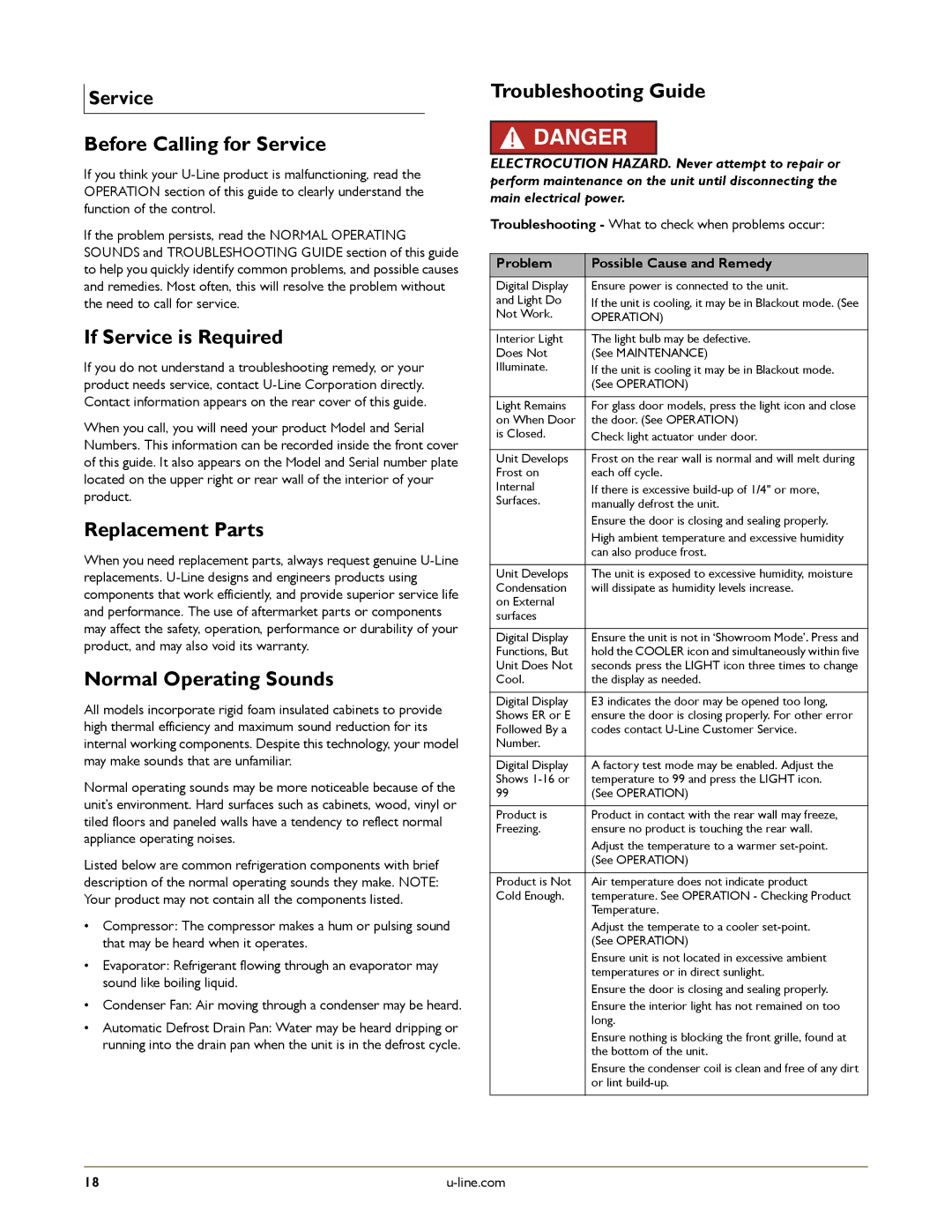 U-Line U-2275ZWCS-01 manual Before Calling for Service, If Service is Required, Replacement Parts, Normal Operating Sounds 