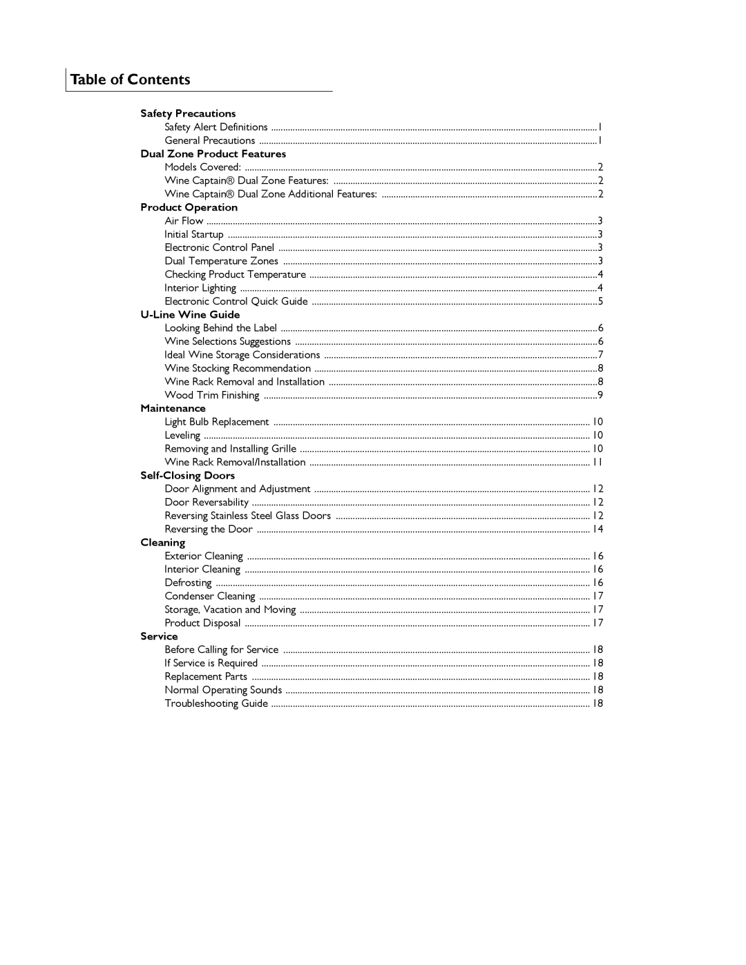 U-Line U-2275ZWCS-00, U-2275ZWCOL-60, U-2275ZWCS-01, U-2275ZWCOL-00 manual Table of Contents 