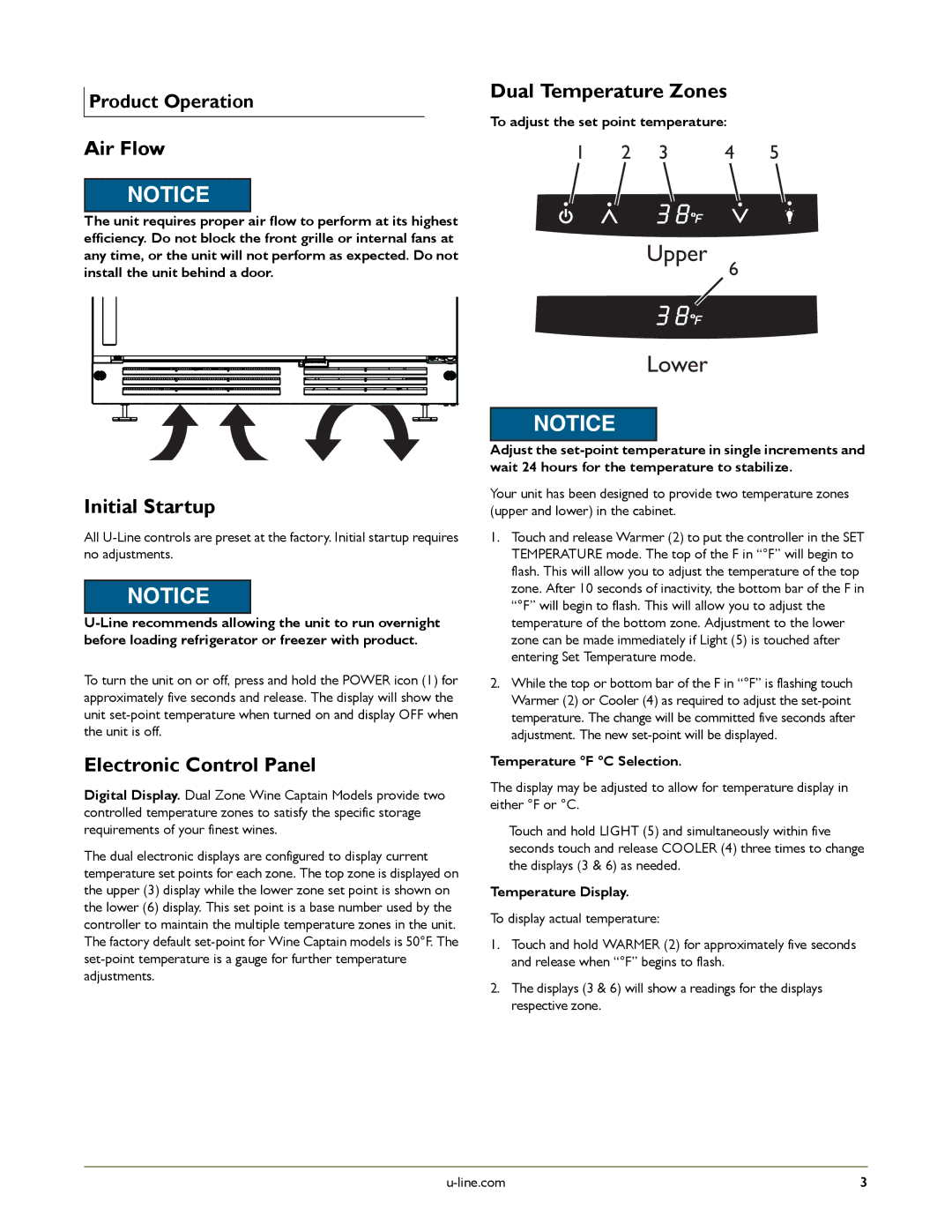 U-Line U-2275ZWCOL-00 manual Air Flow, Initial Startup, Electronic Control Panel, Dual Temperature Zones, Product Operation 