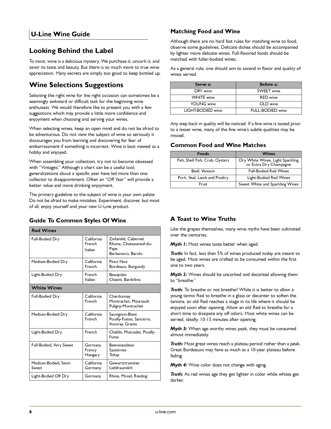 U-Line U-2275ZWCS-01 manual Looking Behind the Label, Wine Selections Suggestions, Line Wine Guide, Red Wines, White Wines 