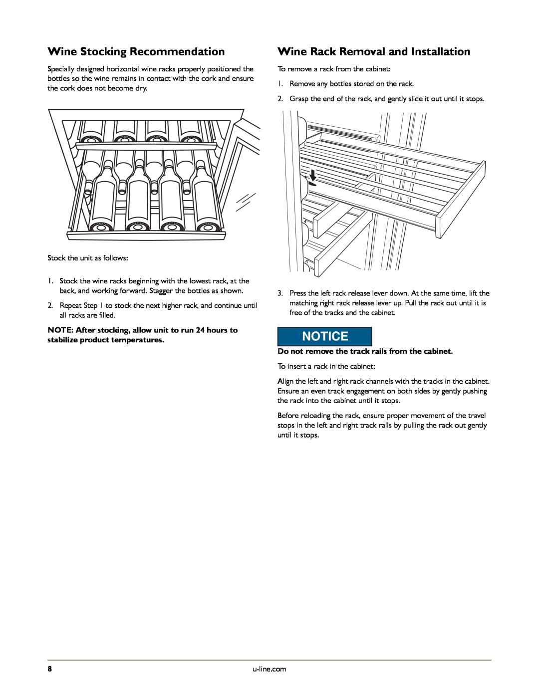U-Line U-2275ZWCS-00, U-2275ZWCOL-60 manual Wine Stocking Recommendation, Wine Rack Removal and Installation, Notice 