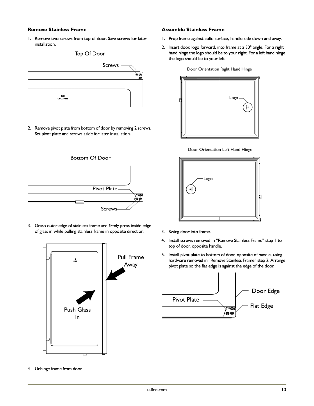 U-Line U-2275ZWCOL-60 manual Top Of Door Screws, Door Edge, Bottom Of Door Pivot Plate Screws, Remove Stainless Frame 