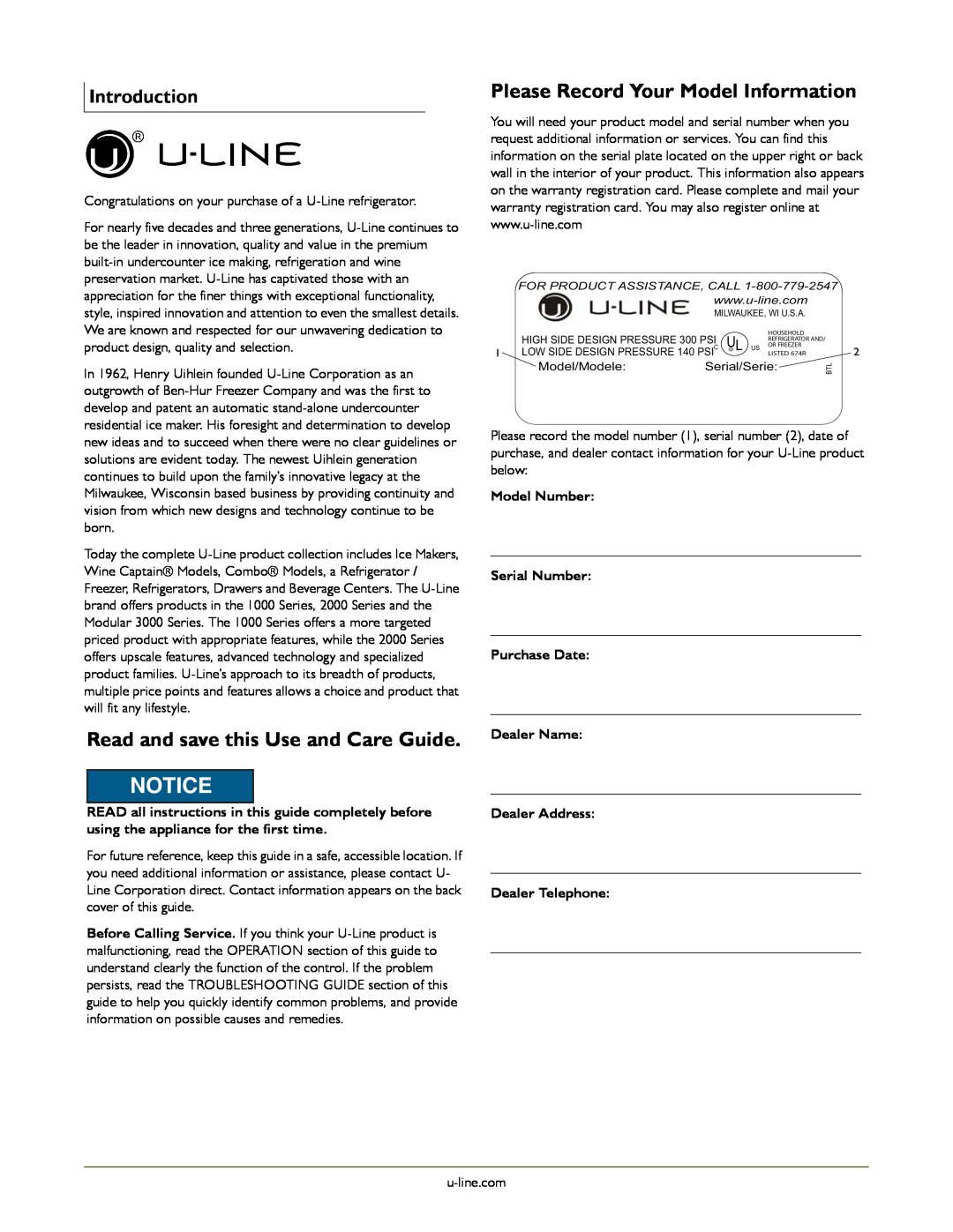 U-Line U-2275ZWCOL-00 Notice, Read and save this Use and Care Guide, Please Record Your Model Information, Introduction 