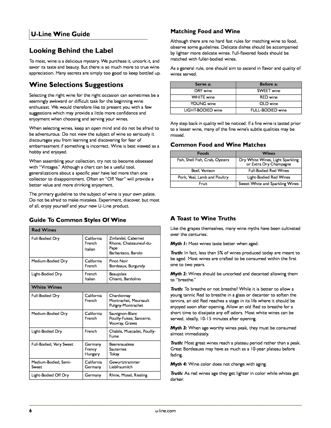 U-Line U-2275ZWCS-01 manual Looking Behind the Label, Wine Selections Suggestions, U-LineWine Guide, Matching Food and Wine 