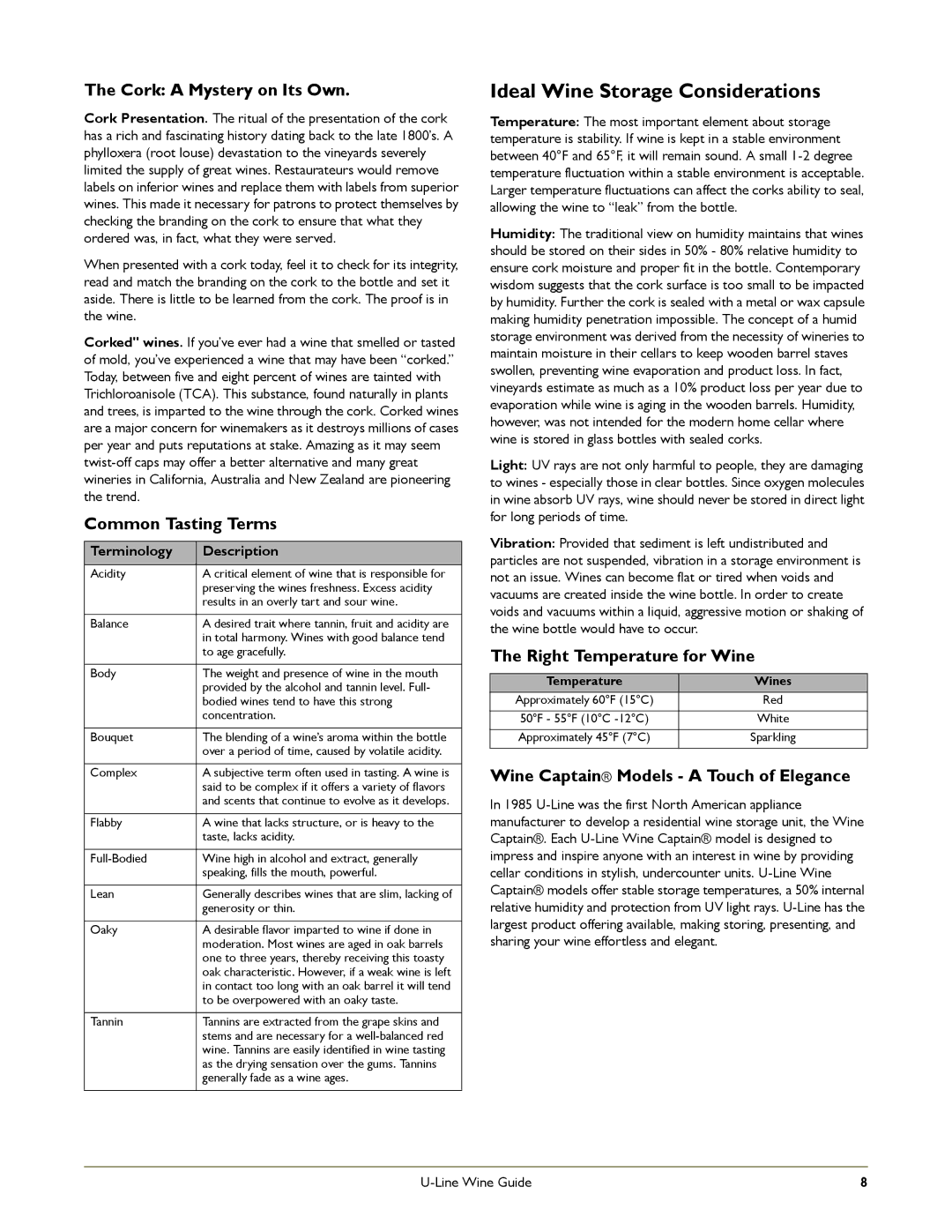 U-Line U-3024BEVOL-00, U-3024WCS-01 Ideal Wine Storage Considerations, Cork a Mystery on Its Own, Common Tasting Terms 