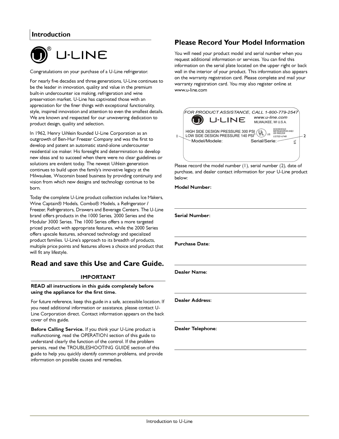 U-Line U-3024BEVOL-01, U-3024WCS-01 manual Read and save this Use and Care Guide, Please Record Your Model Information 