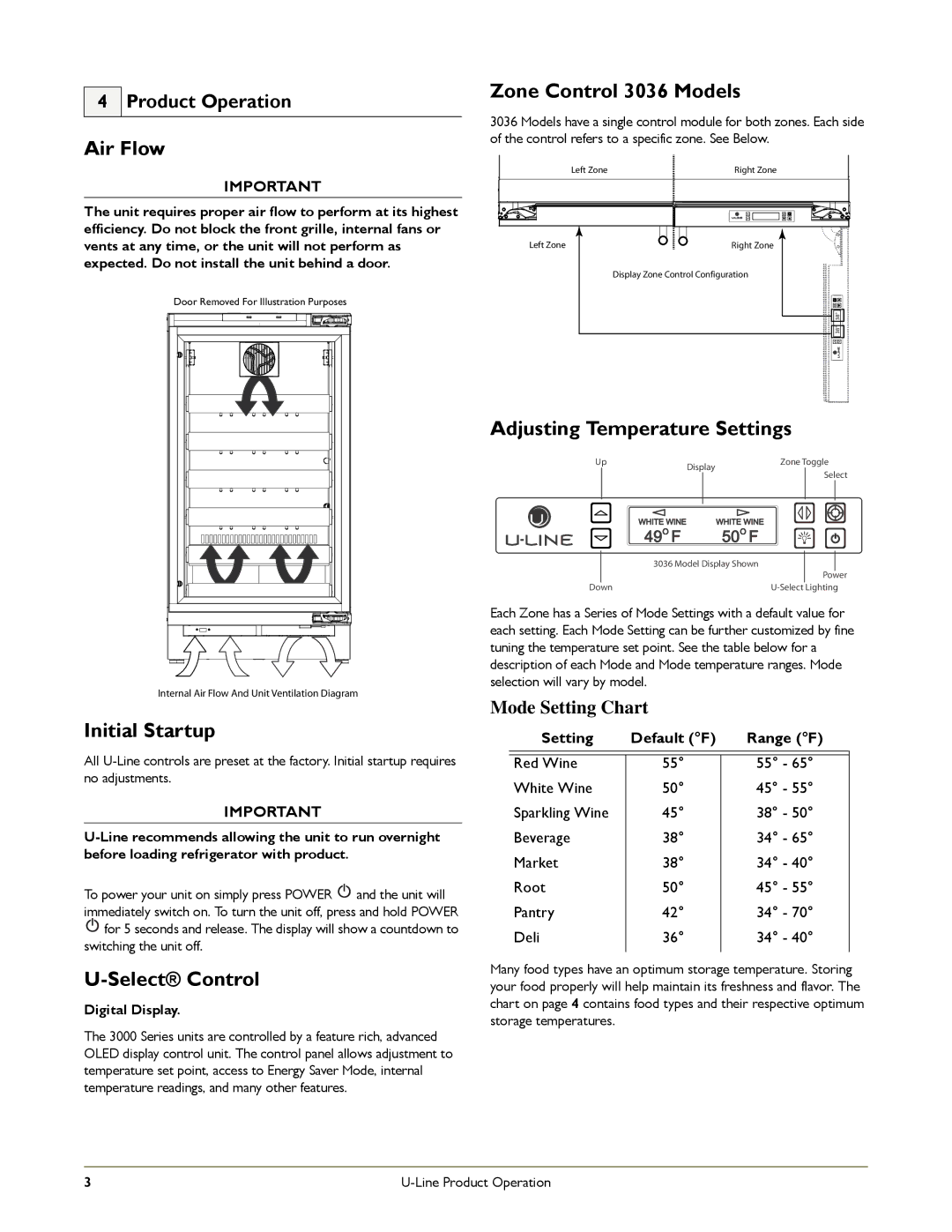 U-Line U-3018WCS-00 Air Flow, Zone Control 3036 Models, Initial Startup Adjusting Temperature Settings, Select Control 