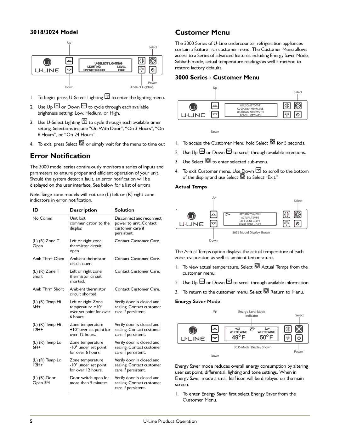 U-Line U-3036WCWCOL-00, U-3024WCS-01, U-3018WCOL-00 manual Error Notification, 3018/3024 Model, Series Customer Menu 