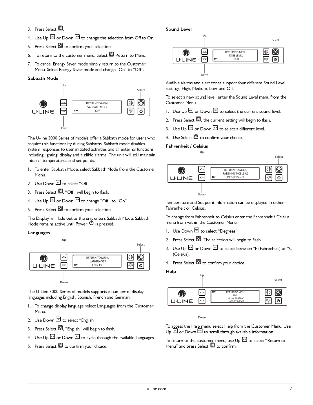 U-Line U-3060FZROL-01, U-3090WCWCS-00, U-3060RDCOL-00 manual Sabbath Mode, Languages, Sound Level, Fahrenheit / Celsius, Help 