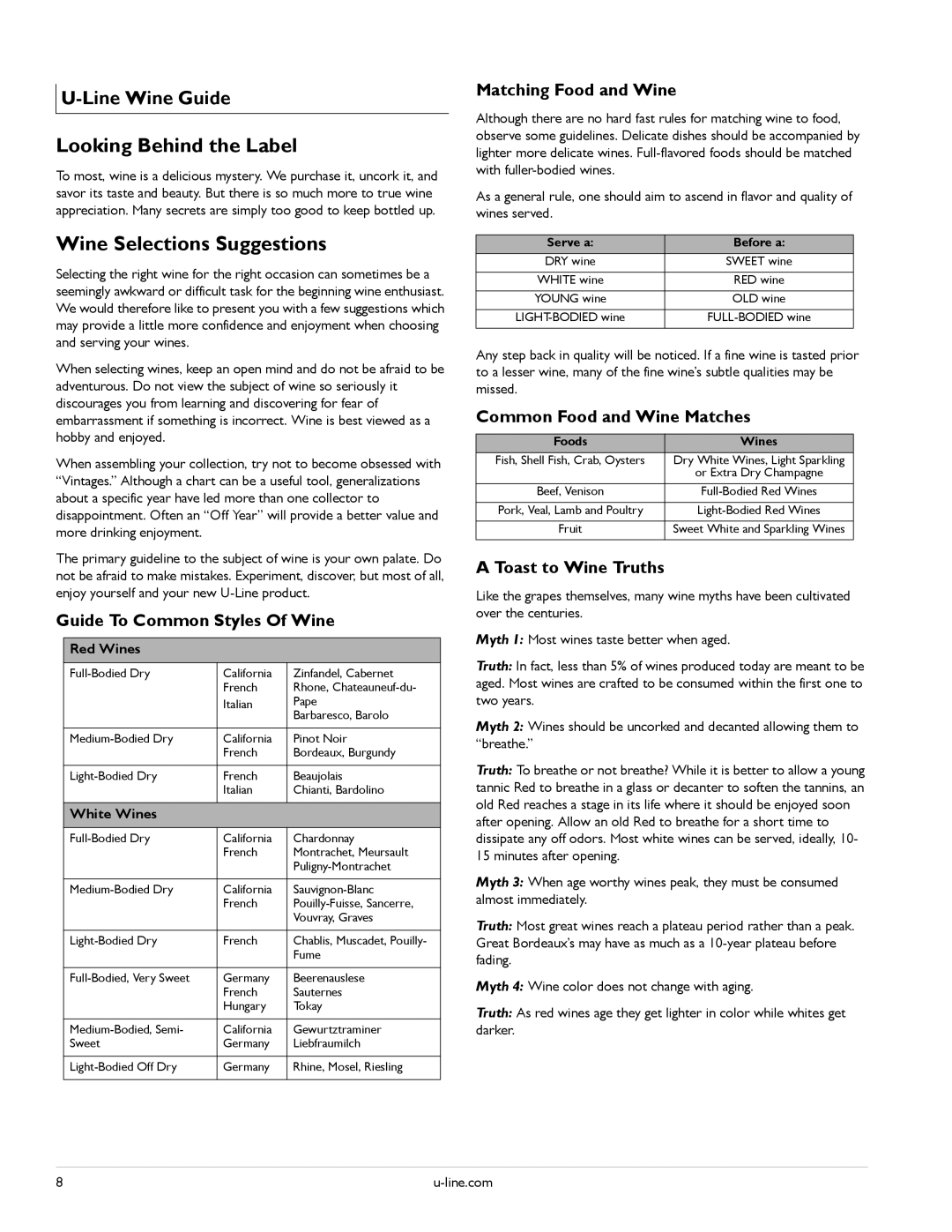 U-Line U-3060WCOL-01, U-3090WCWCS-00, U-3060RDCOL-00, U-3060RDCOL-01 Looking Behind the Label, Wine Selections Suggestions 