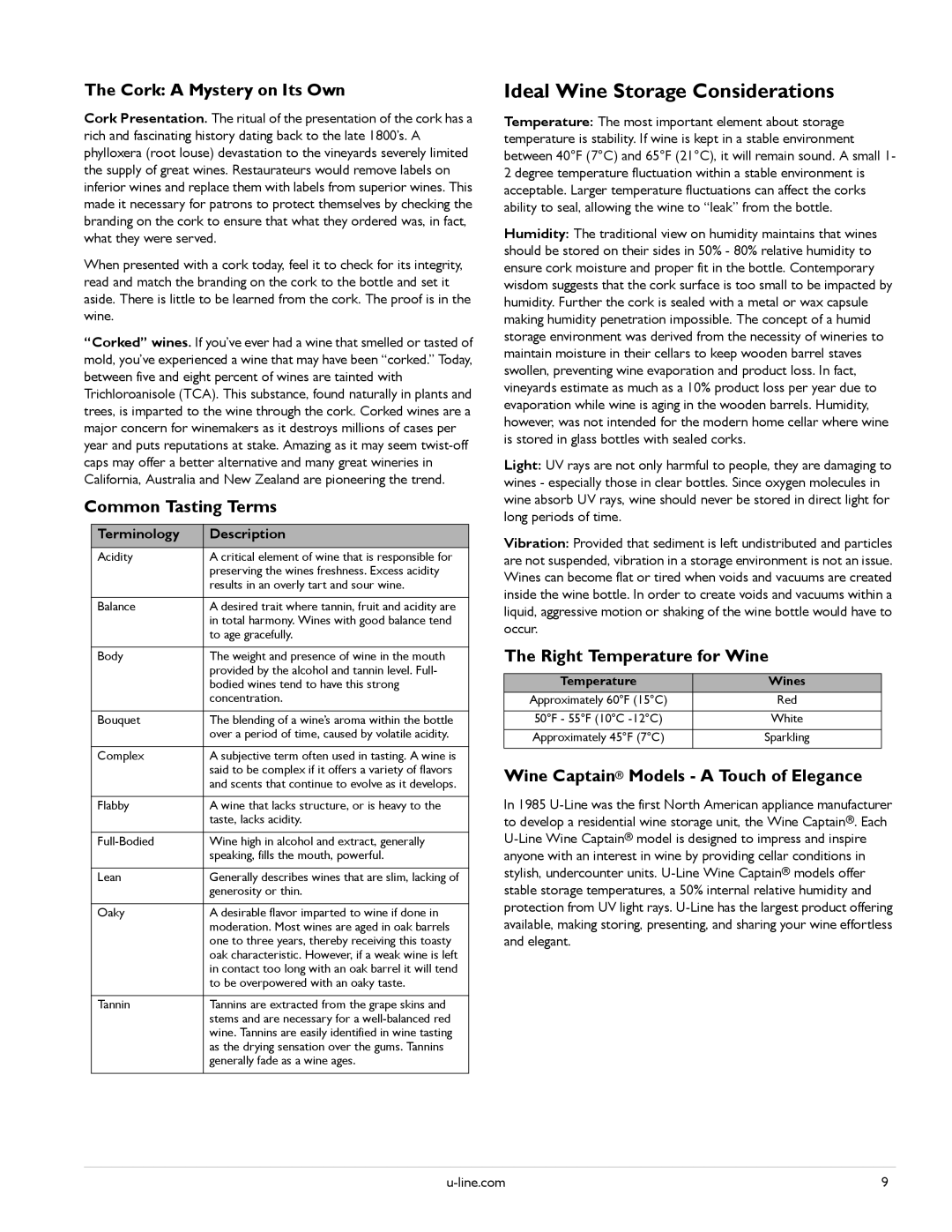 U-Line U-3060WCS-00, U-3090WCWCS-00 Ideal Wine Storage Considerations, Cork a Mystery on Its Own, Common Tasting Terms 