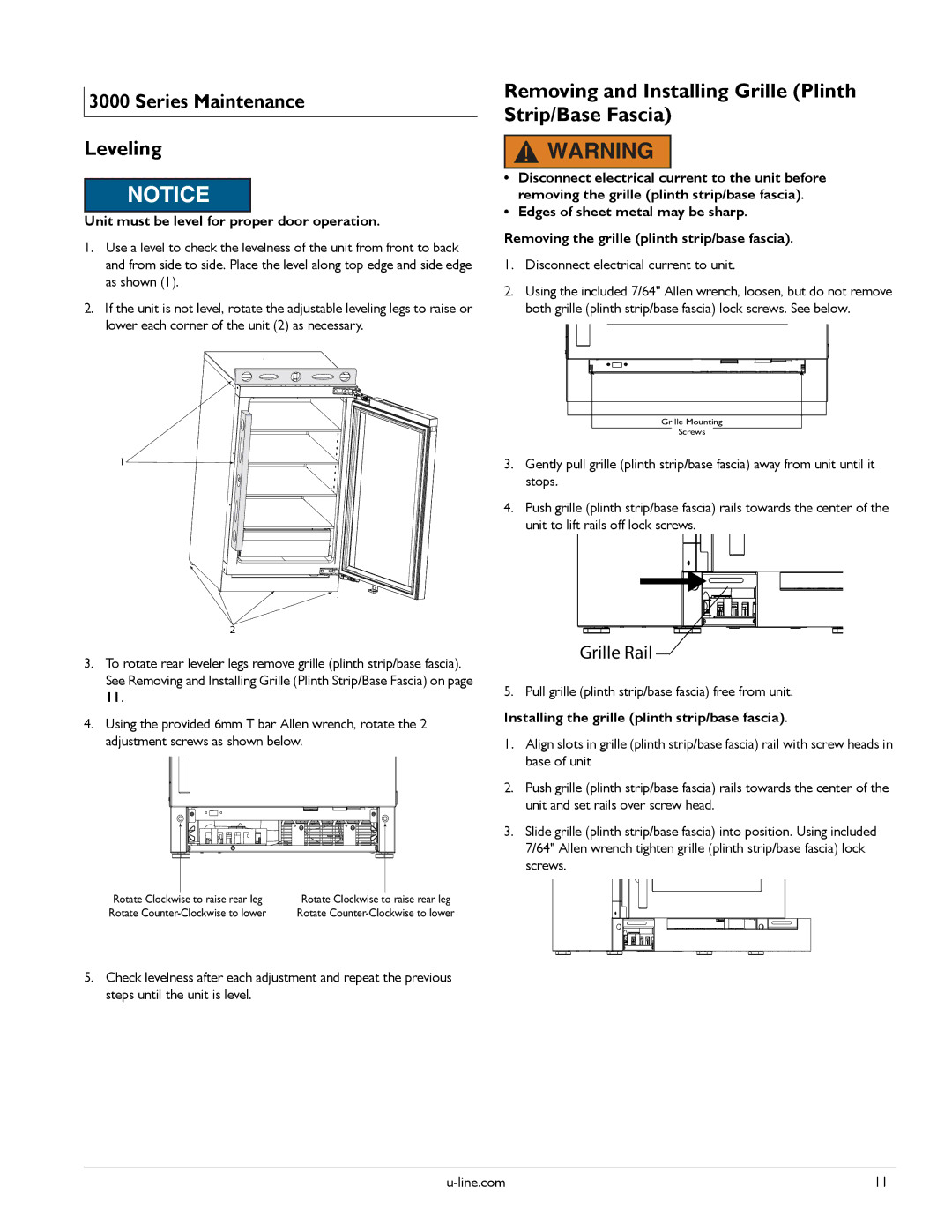 U-Line U-3060DCOL-01, U-3090WCWCS-00, U-3060RDCOL-00 manual Leveling, Removing and Installing Grille Plinth Strip/Base Fascia 
