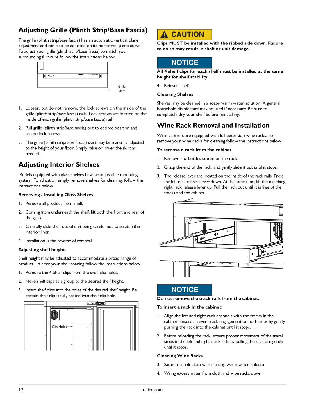 U-Line U-3060RDCS-00, U-3090WCWCS-00, U-3060RDCOL-00 Adjusting Grille Plinth Strip/Base Fascia, Adjusting Interior Shelves 