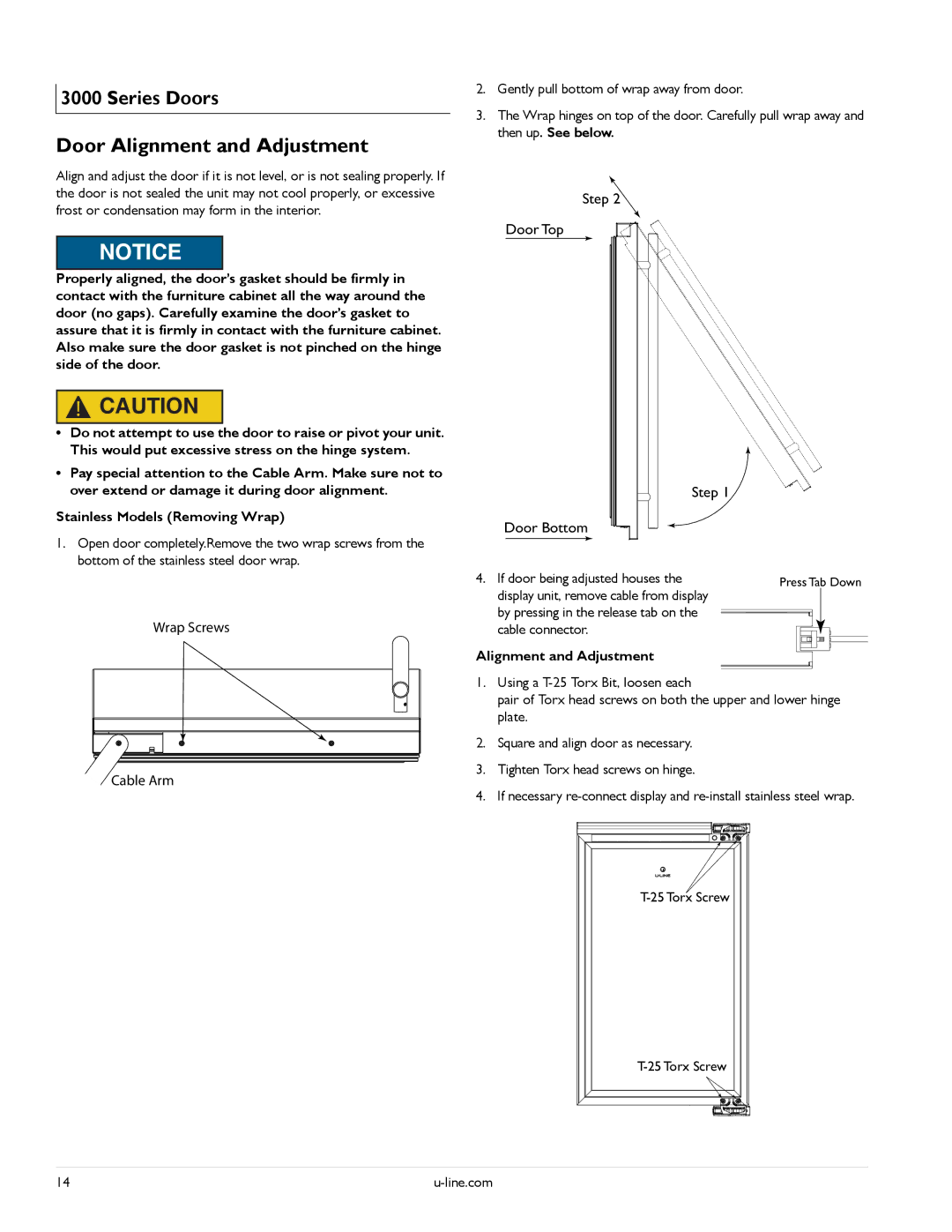 U-Line U-3045WCS-00, U-3090WCWCS-00, U-3060RDCOL-00, U-3060RDCOL-01, U-3060RFS-01, U-3060RDCS-01 Door Alignment and Adjustment 