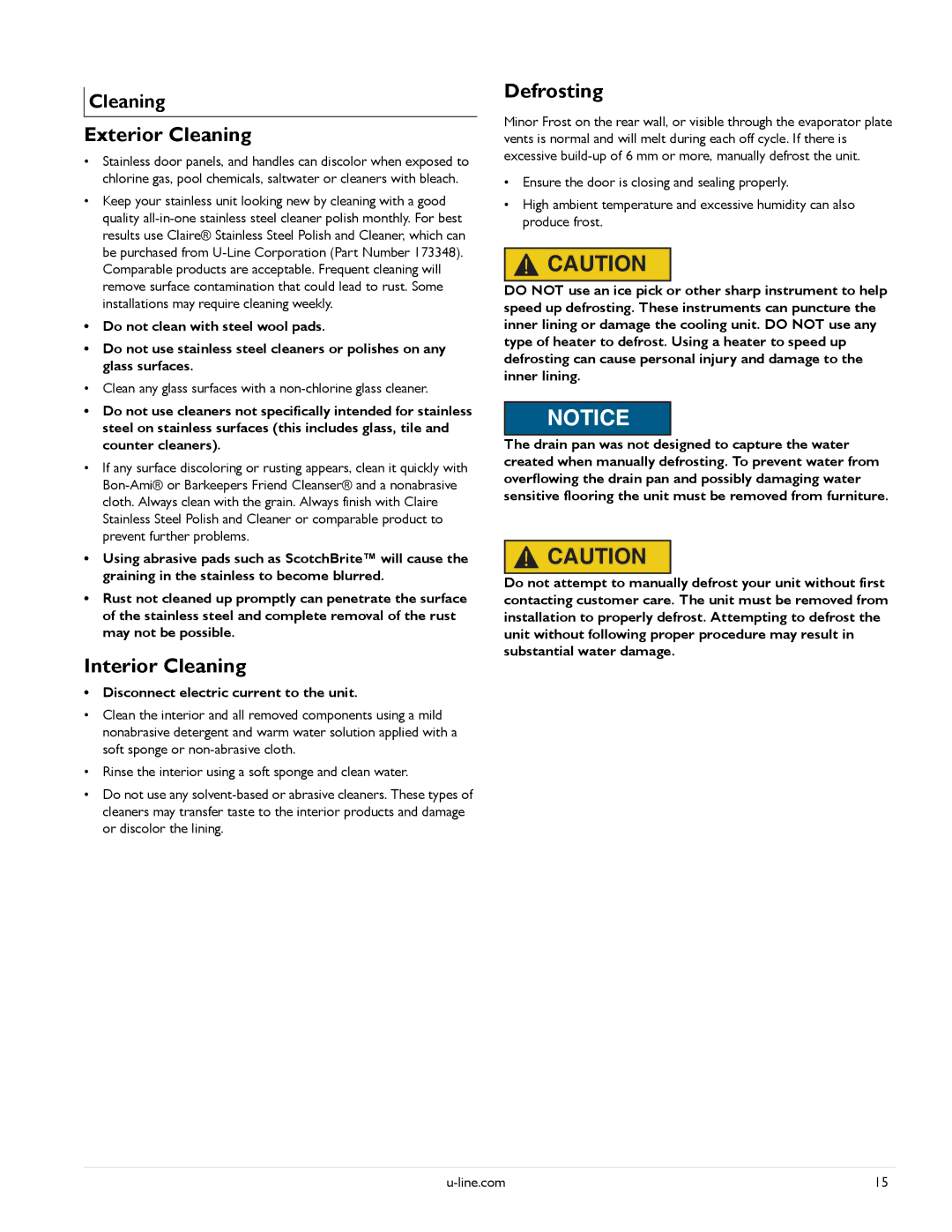 U-Line U-3060DCS-01 manual Exterior Cleaning, Interior Cleaning, Defrosting, Disconnect electric current to the unit 