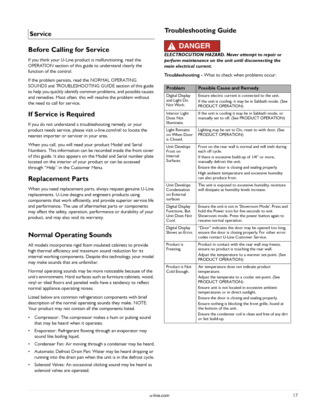 U-Line U-3060WCS-01 manual Before Calling for Service, If Service is Required, Replacement Parts, Normal Operating Sounds 