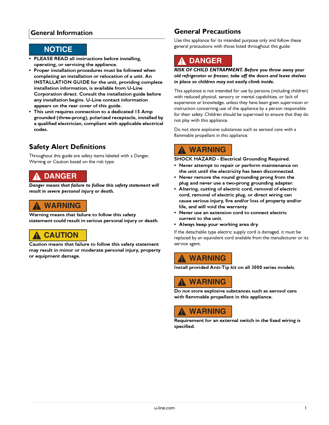 U-Line U-3060RDCS-01, U-3090WCWCS-00, U-3060RDCOL-00, U-3060RDCOL-01 manual Safety Alert Definitions, General Precautions 