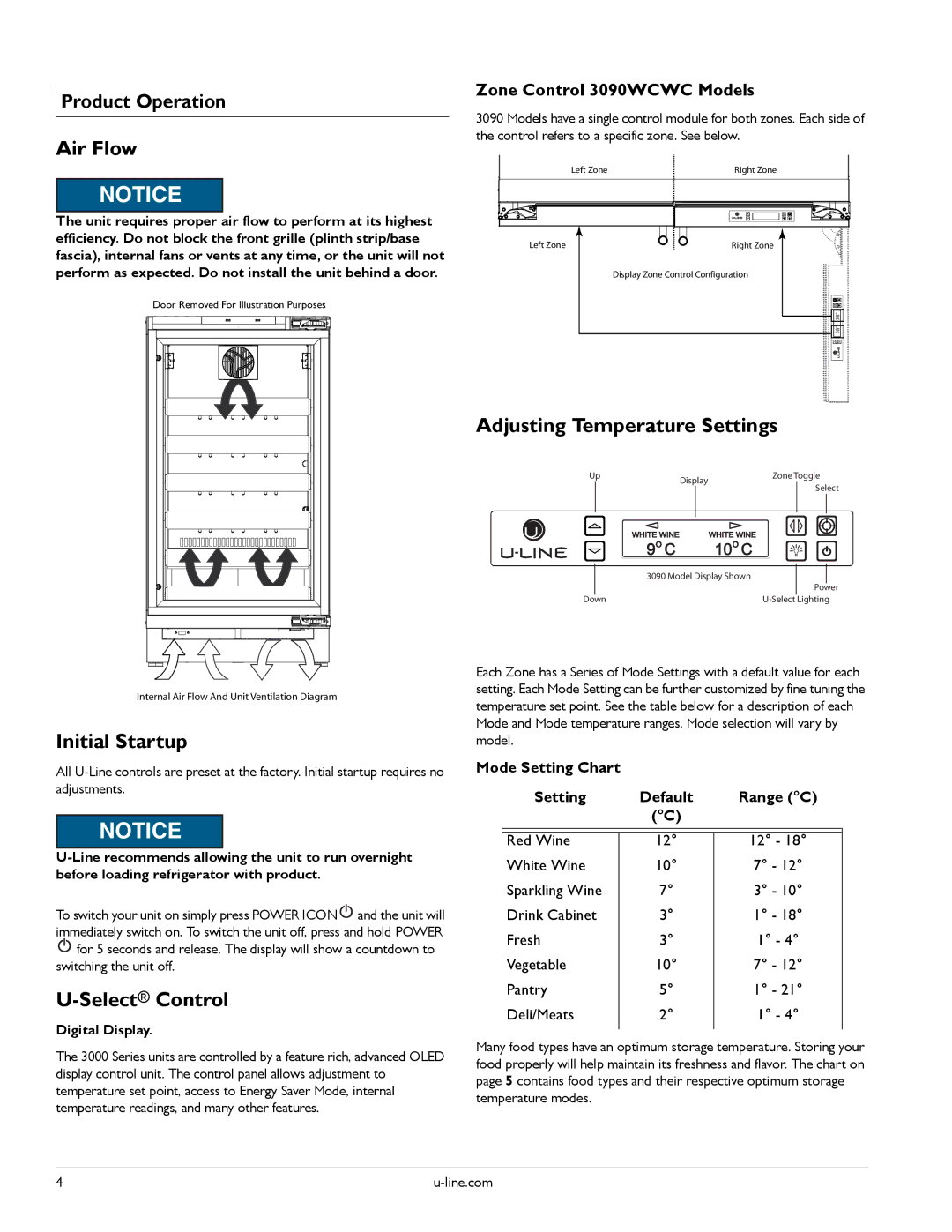 U-Line U-3060DCS-00 Air Flow, Initial Startup, Adjusting Temperature Settings, SelectControl, Zone Control 3090WCWC Models 