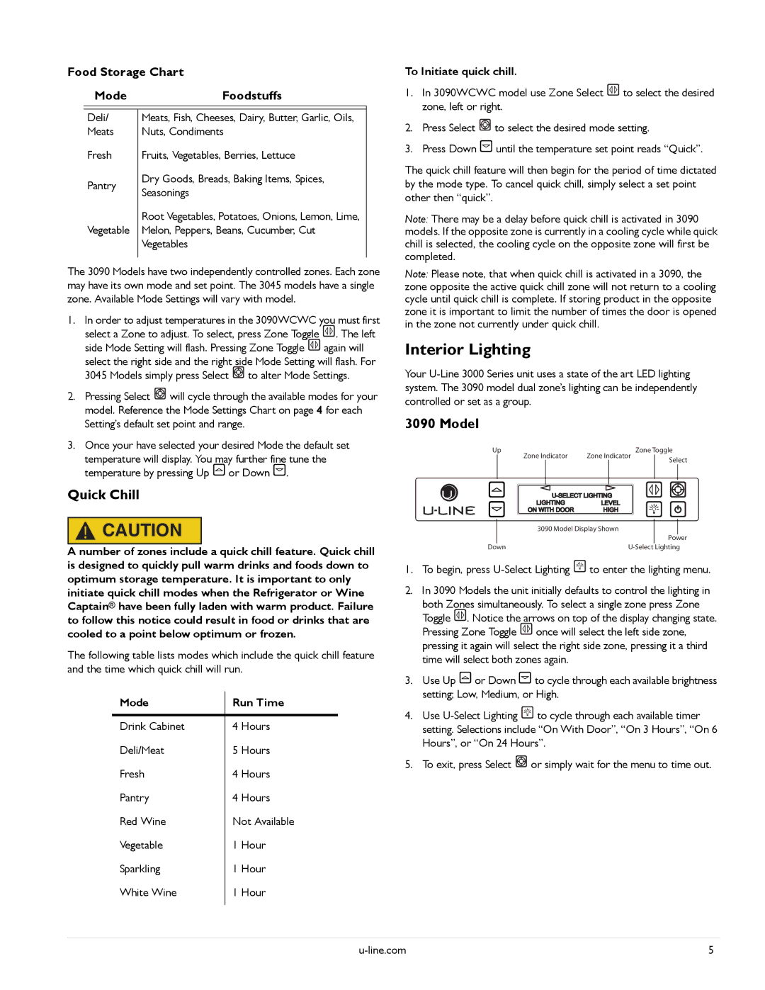 U-Line U-3045RFS-00, U-3090WCWCS-00 manual Interior Lighting, Quick Chill, Model, Mode Run Time, To Initiate quick chill 