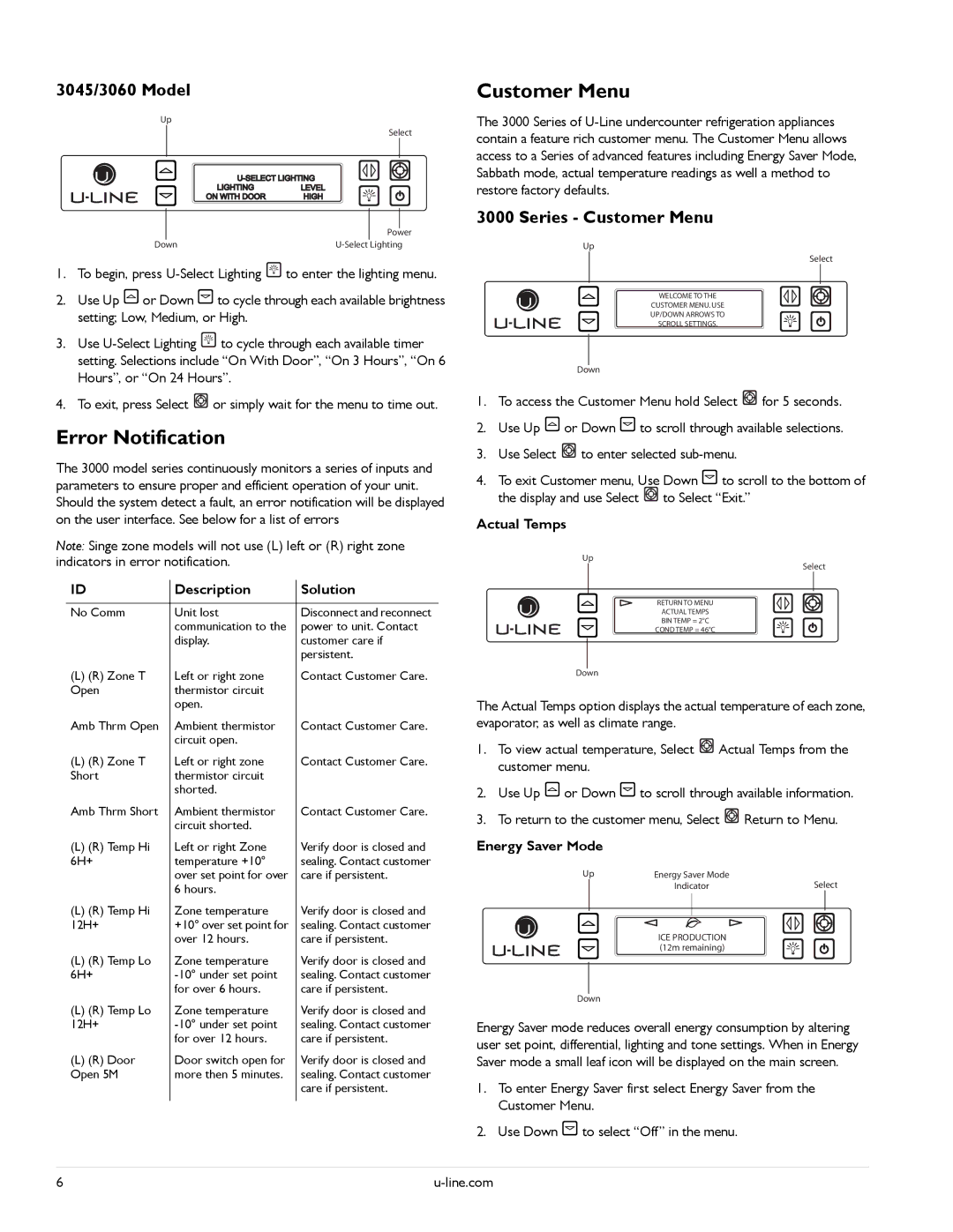 U-Line U-3045RFS-01, U-3090WCWCS-00, U-3060RDCOL-00 manual Error Notification, 3045/3060 Model, Series Customer Menu 