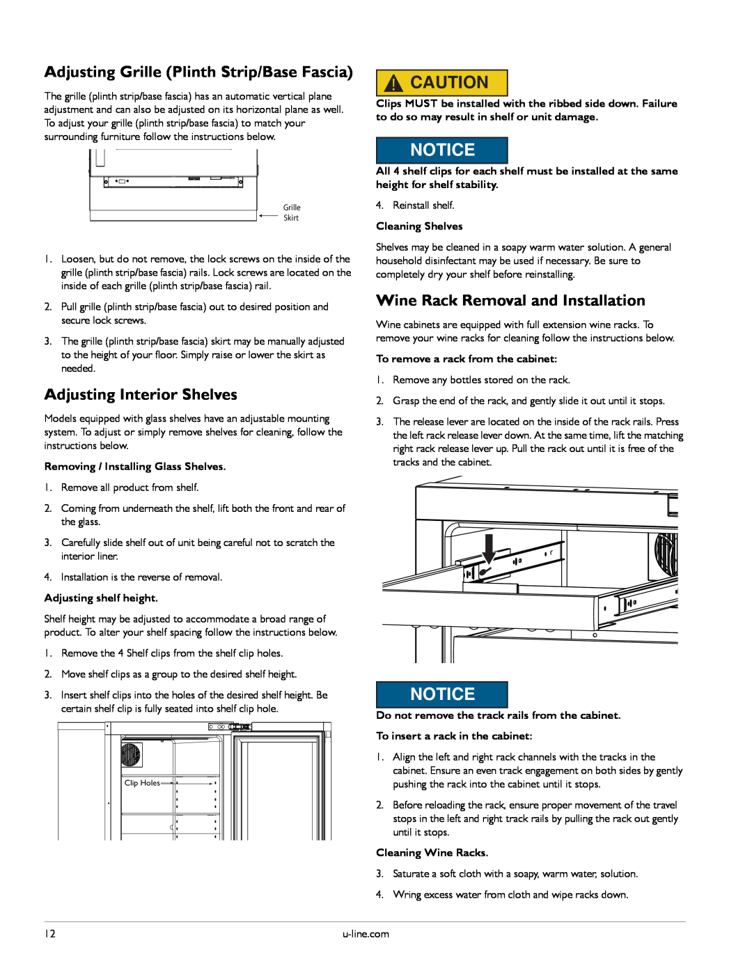 U-Line U-3060RDCS-00 manual Adjusting Grille Plinth Strip/Base Fascia, Adjusting Interior Shelves, Adjusting shelf height 