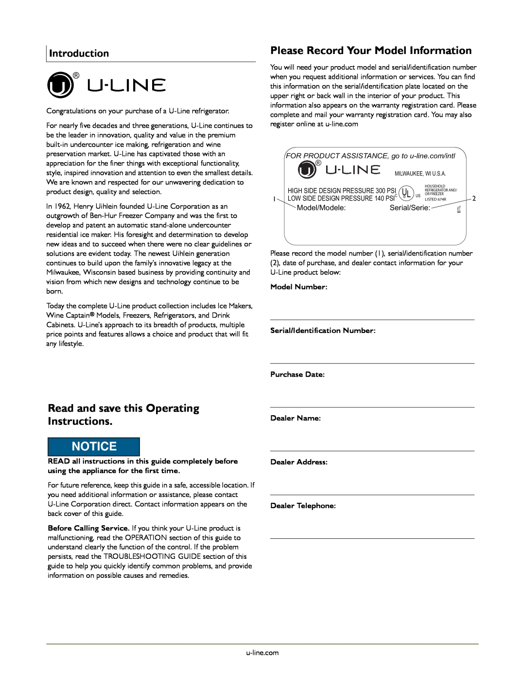 U-Line U-3060RDCOL-01 manual Please Record Your Model Information, Read and save this Operating Instructions, Introduction 