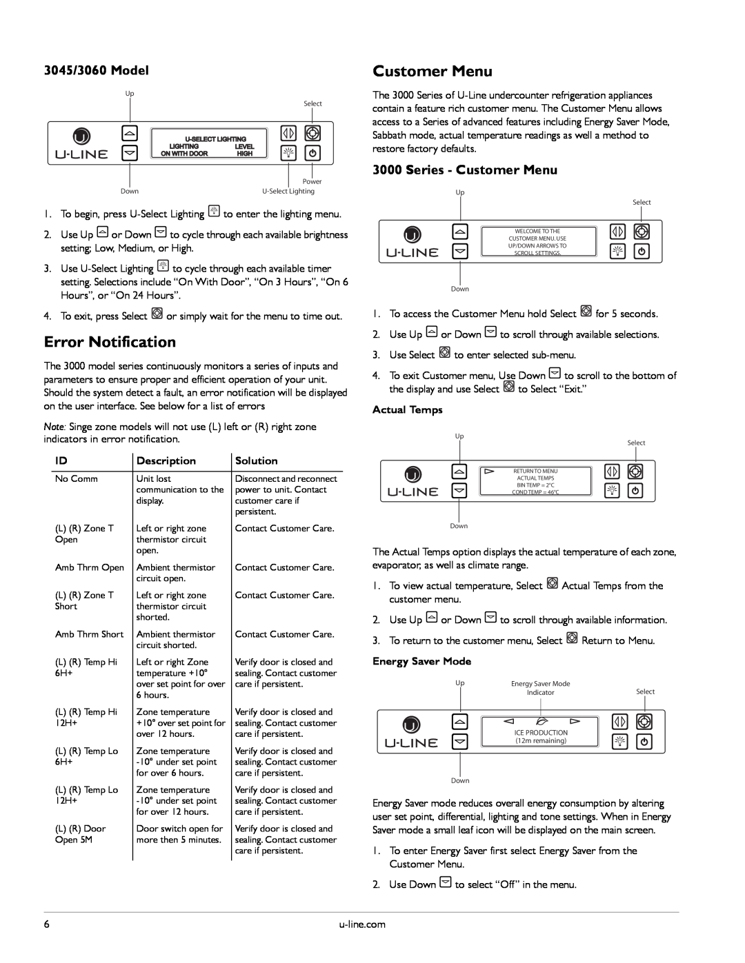 U-Line U-3045RFS-01 Error Notification, 3045/3060 Model, Series - Customer Menu, Description, Solution, Actual Temps 
