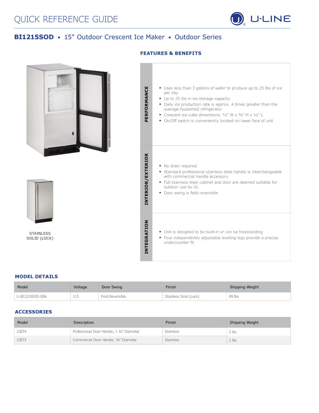 U-Line U-BI1215SOD-00A manual BI1215SOD 15 Outdoor Crescent Ice Maker Outdoor Series, Features & Benefits, Model Details 