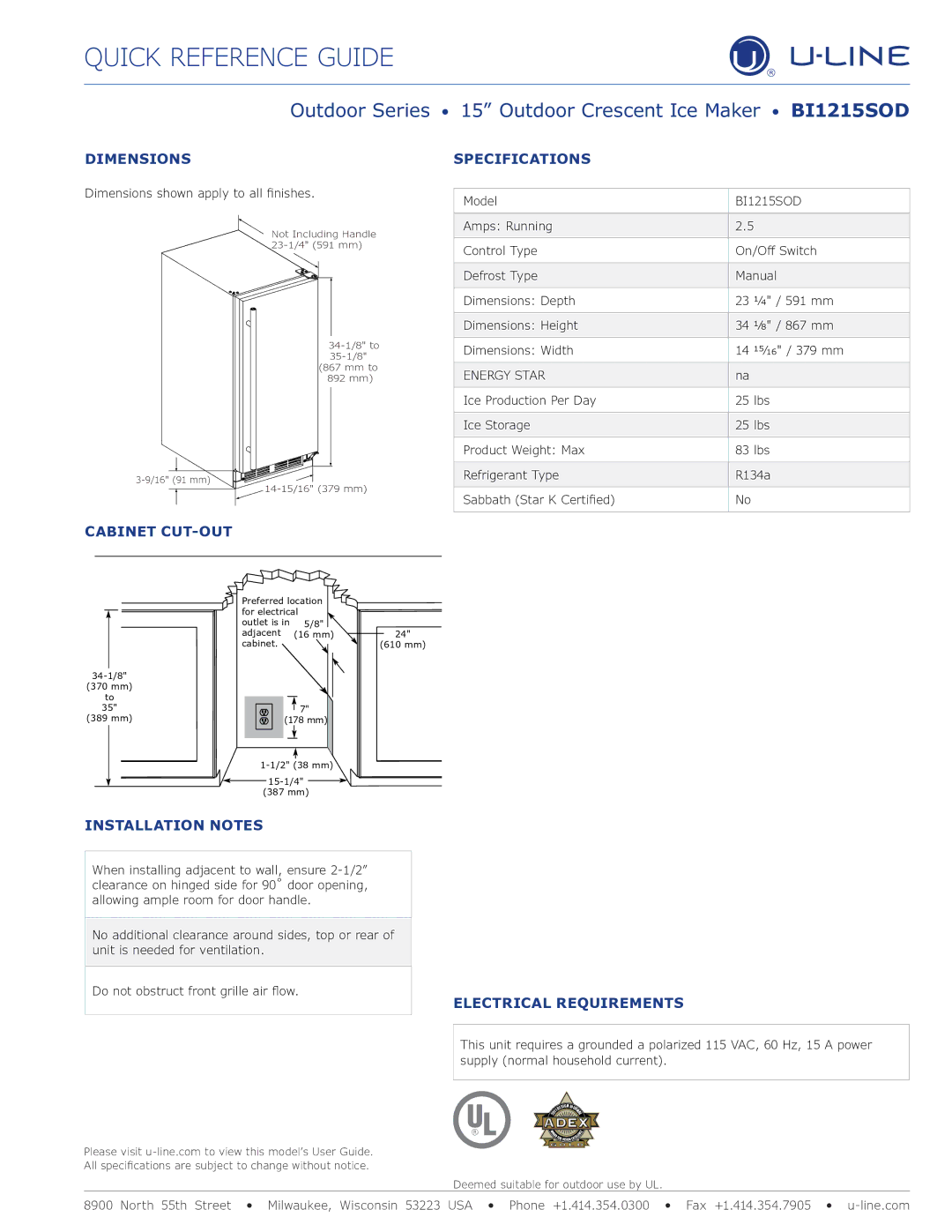 U-Line U-BI1215SOD-00A manual Outdoor Series 15 Outdoor Crescent Ice Maker BI1215SOD 