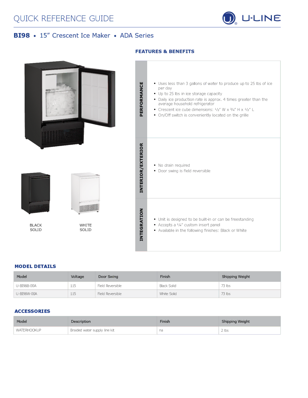 U-Line U-BI98B-00A, U-BI98W-00A manual BI98 15 Crescent Ice Maker ADA Series, Features & Benefits 