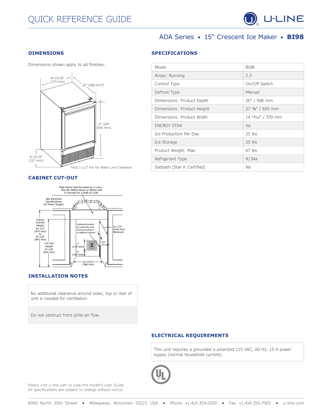 U-Line U-BI98W-00A, U-BI98B-00A manual ADA Series 15 Crescent Ice Maker BI98 