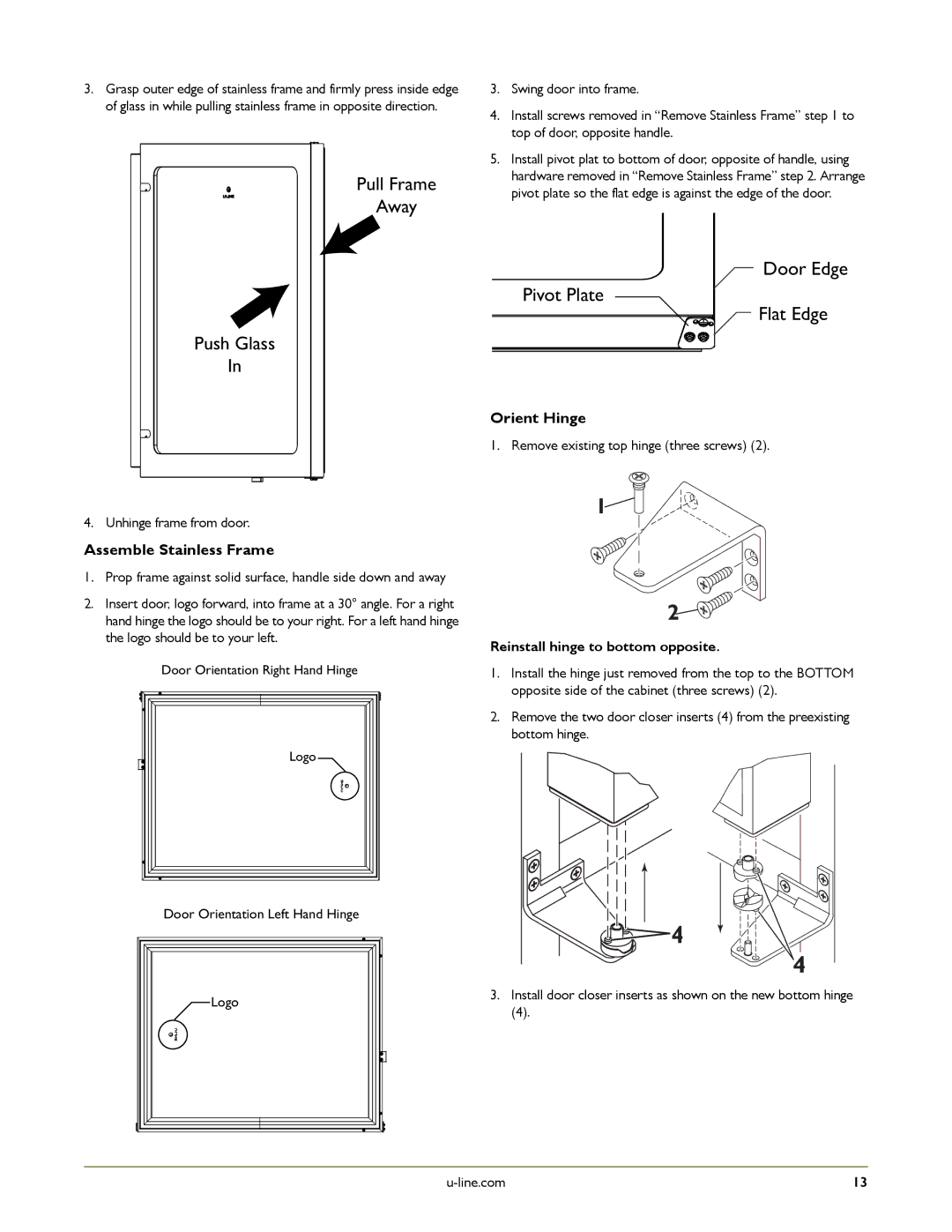 U-Line U-CLR2160SOD-00, U-CLR2160SOD-41, U-CLR2160SOD-01, U-CLRCO2175S-41, U-CLR2160W-00 manual Pull Frame Away Push Glass 