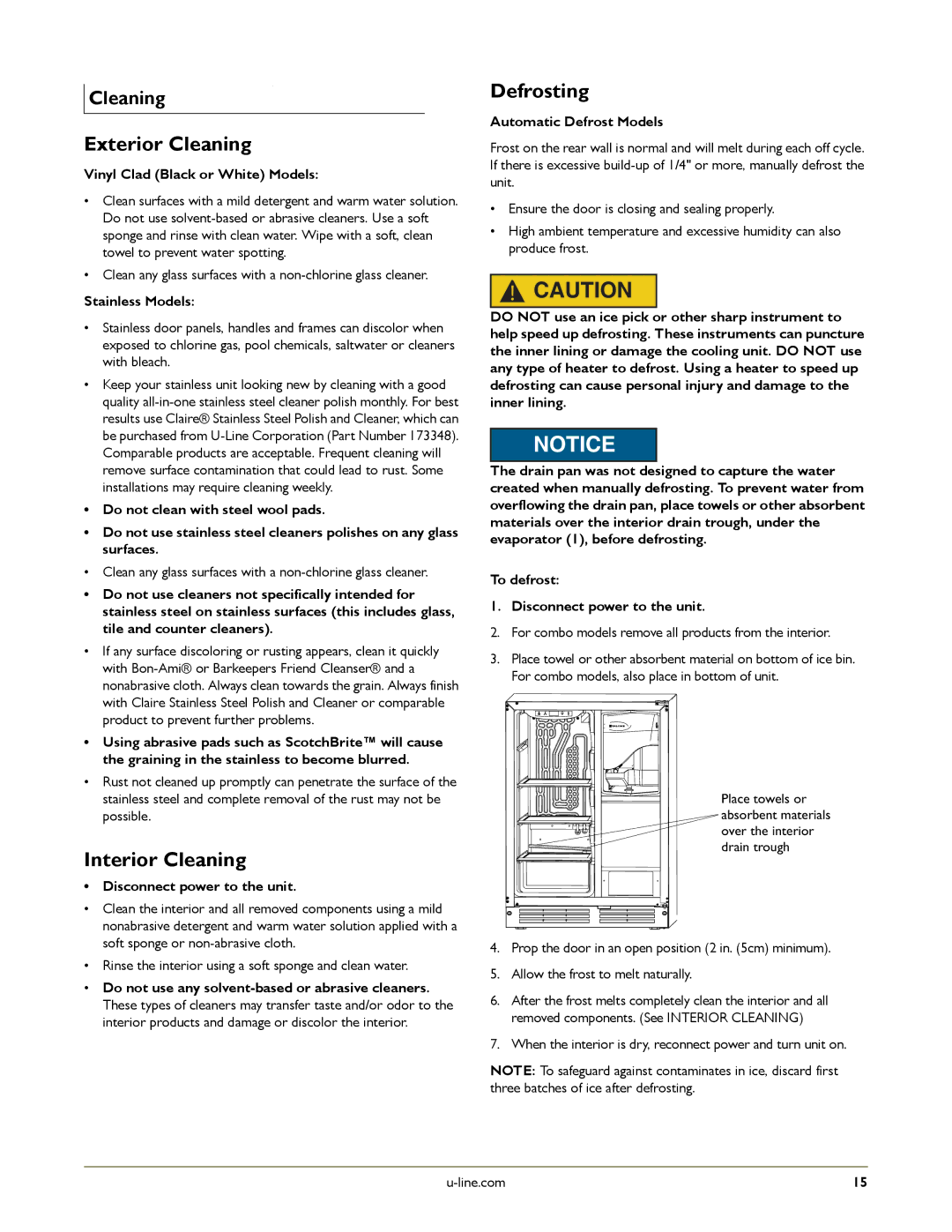 U-Line U-CLR2160SOD-41, U-CLR2160SOD-01, U-CLRCO2175S-41, U-CLR2160W-00 Defrosting, Exterior Cleaning, Interior Cleaning 