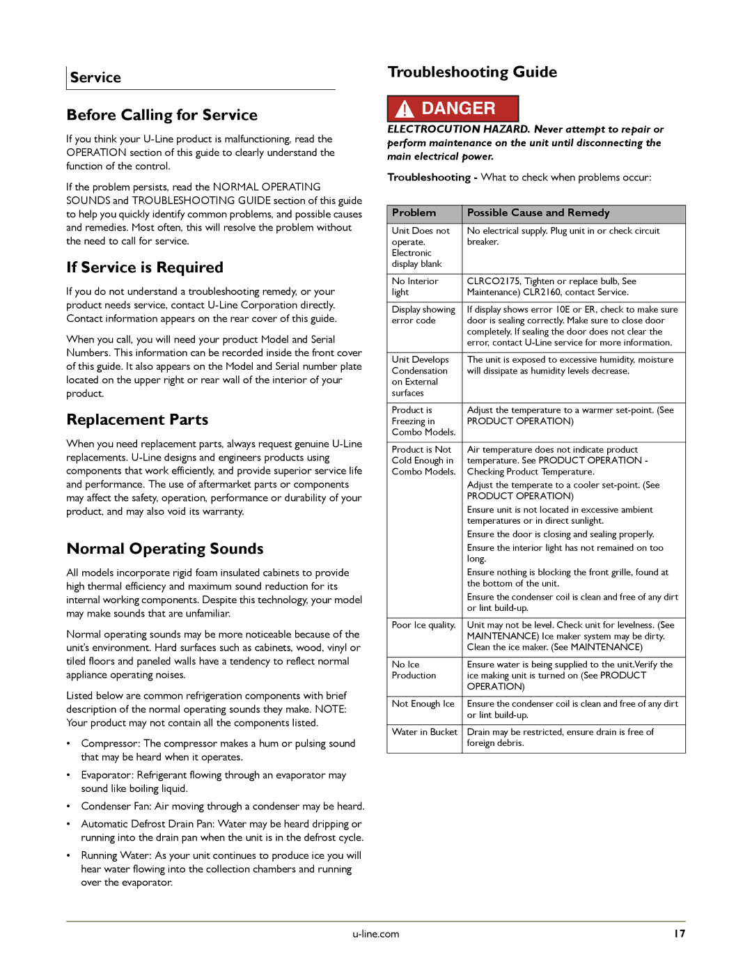 U-Line U-CLRCO2175S-41 Before Calling for Service, If Service is Required, Replacement Parts, Normal Operating Sounds 
