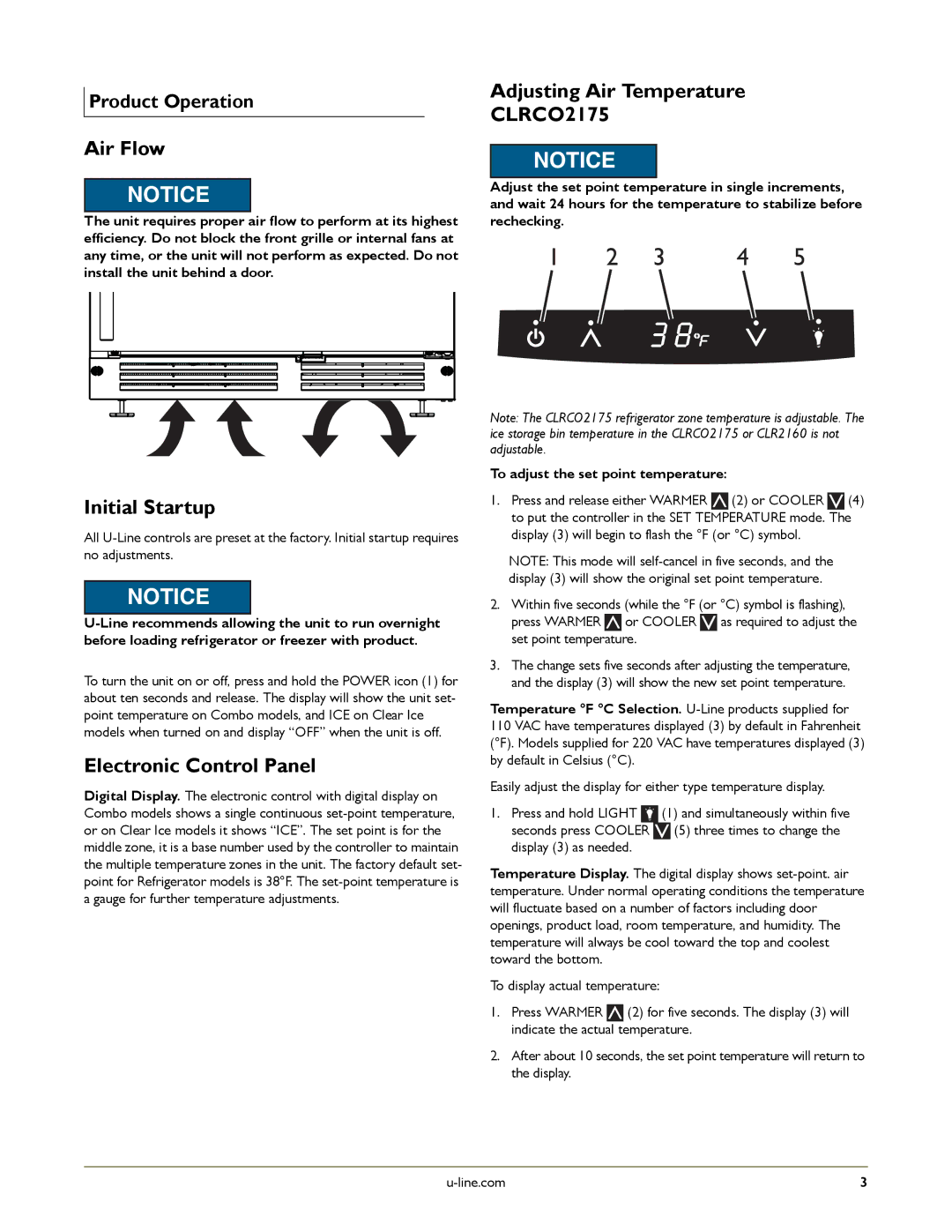 U-Line U-CLR2160S-00, U-CLR2160SOD-41 manual Air Flow, Adjusting Air Temperature, Initial Startup, Electronic Control Panel 