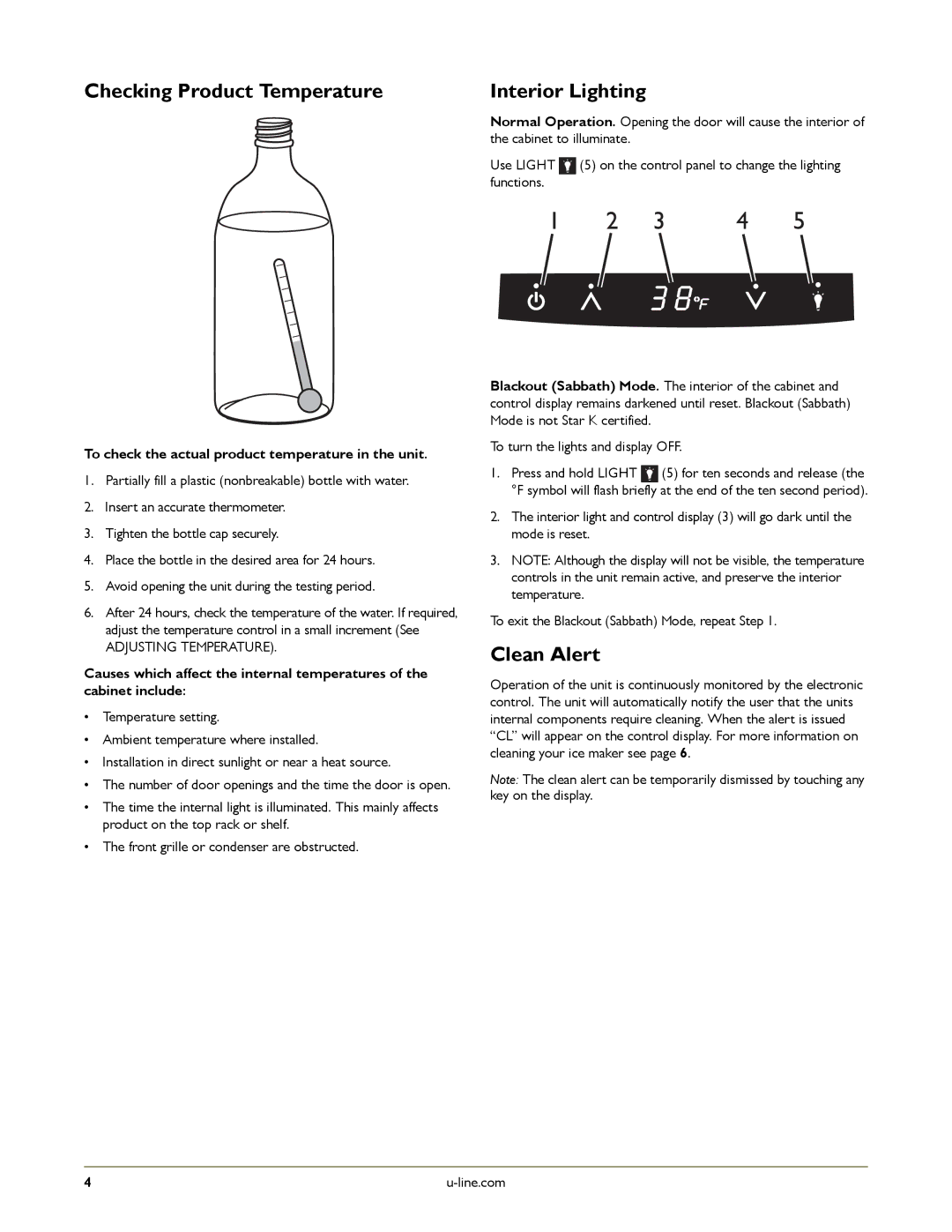 U-Line U-CLRCO2175B-0, U-CLR2160SOD-41, U-CLR2160SOD-01 manual Checking Product Temperature, Interior Lighting, Clean Alert 