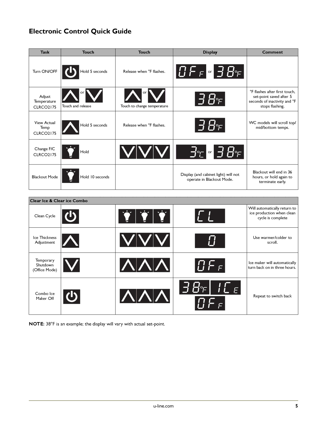 U-Line U-CLRCO2175S-40, U-CLR2160SOD-41, U-CLR2160SOD-01, U-CLRCO2175S-41 manual Electronic Control Quick Guide, Touch 