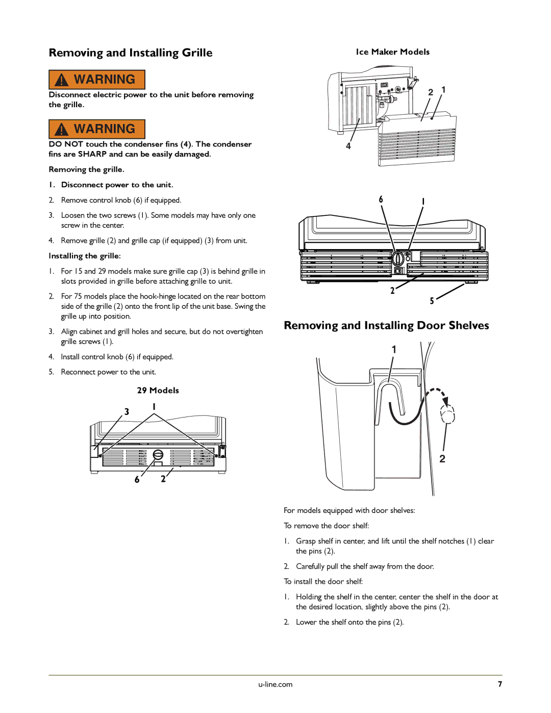 U-Line U-CO298-00 manual Removing and Installing GrilleIce Maker Models, Removing and Installing Door Shelves 