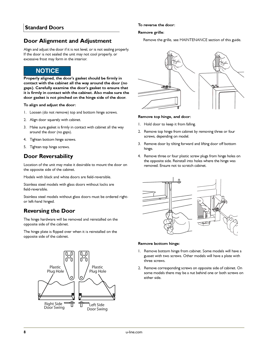 U-Line U-CO298-00 manual Door Alignment and Adjustment, Door Reversability, Reversing the Door 