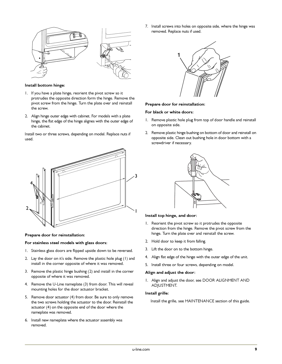 U-Line U-CO298-00 manual Install bottom hinge, Prepare door for reinstallation For black or white doors, Install grille 