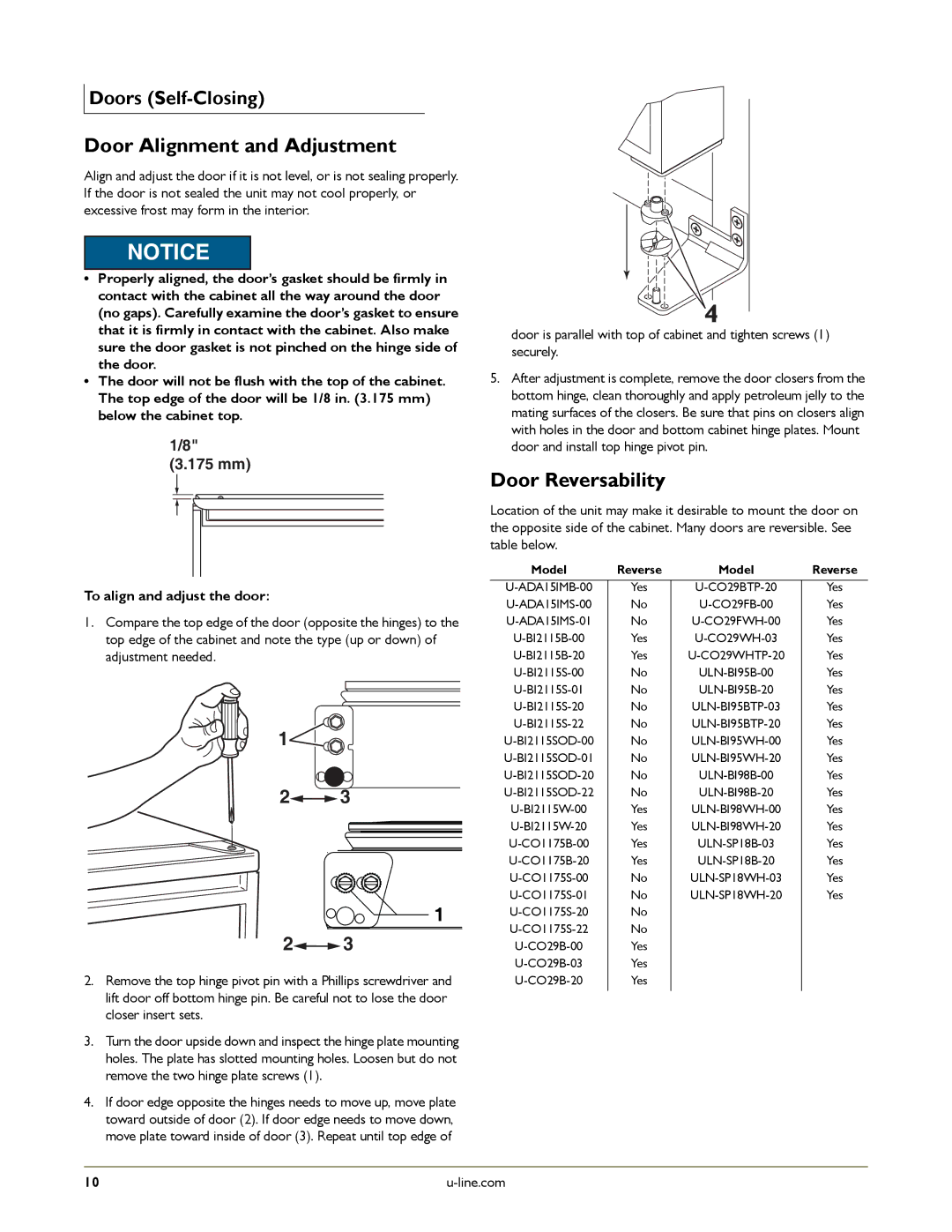 U-Line U-CO298-00 manual Doors Self-Closing 