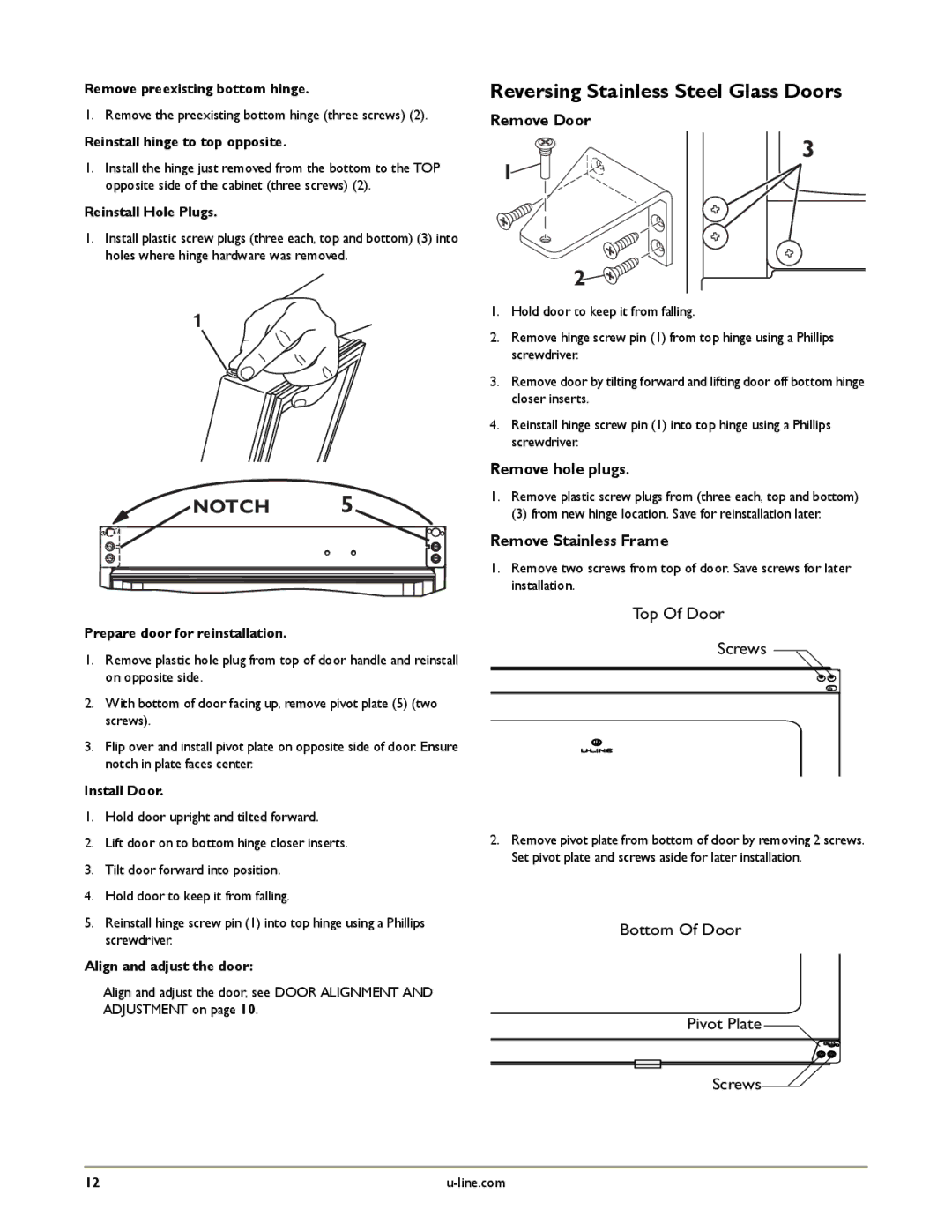 U-Line U-CO298-00 manual Reversing Stainless Steel Glass Doors 