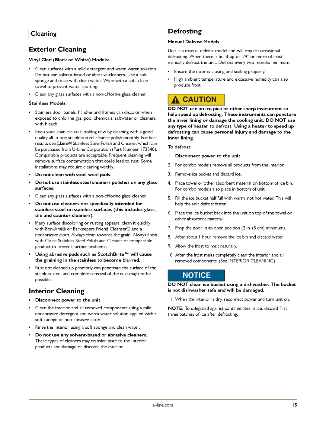 U-Line U-CO298-00 manual Defrosting, Exterior Cleaning, Interior Cleaning 