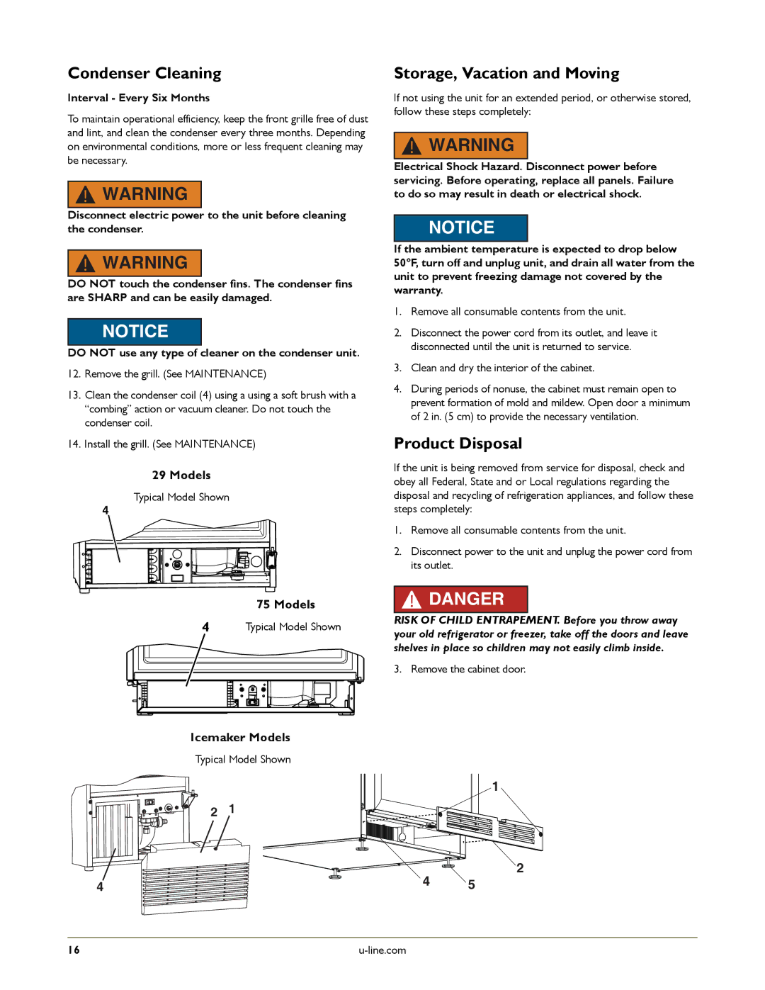 U-Line U-CO298-00 manual Condenser Cleaning, Storage, Vacation and Moving, Product Disposal, Interval Every Six Months 