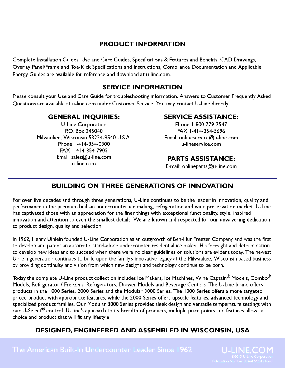 U-Line U-CO298-00 manual DESIGNED, Engineered and Assembled in WISCONSIN, USA 