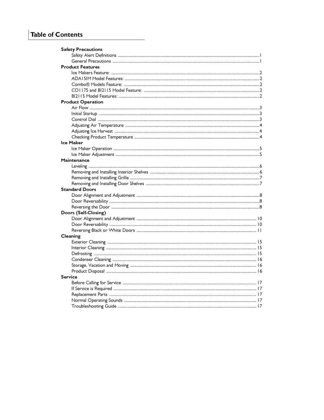 U-Line U-CO298-00 manual Table of Contents 