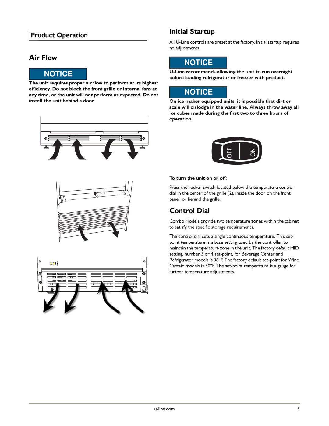 U-Line U-CO298-00 manual Air Flow, Initial Startup, Control Dial, To turn the unit on or off 