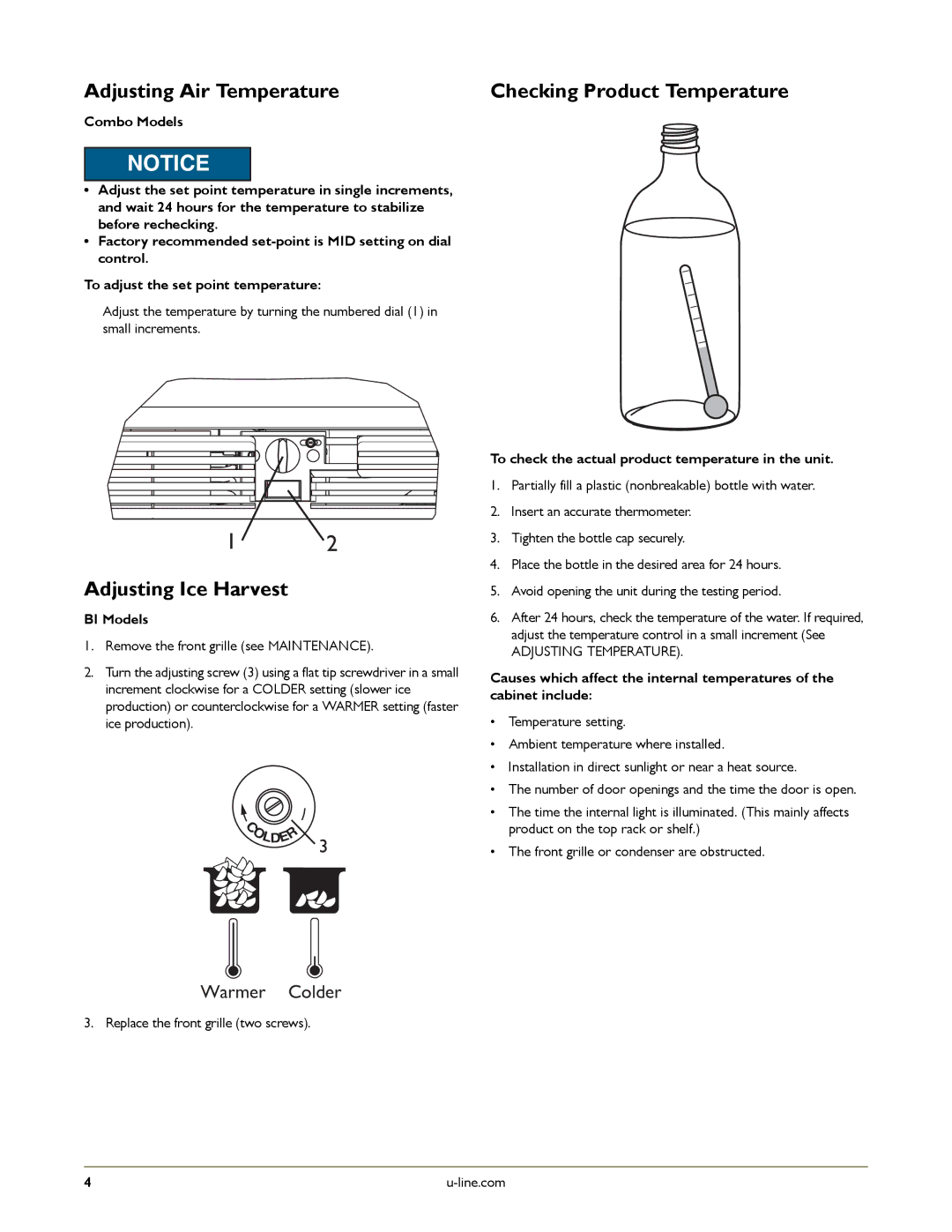 U-Line U-CO298-00 manual Adjusting Air Temperature, Adjusting Ice Harvest, Checking Product Temperature, BI Models 