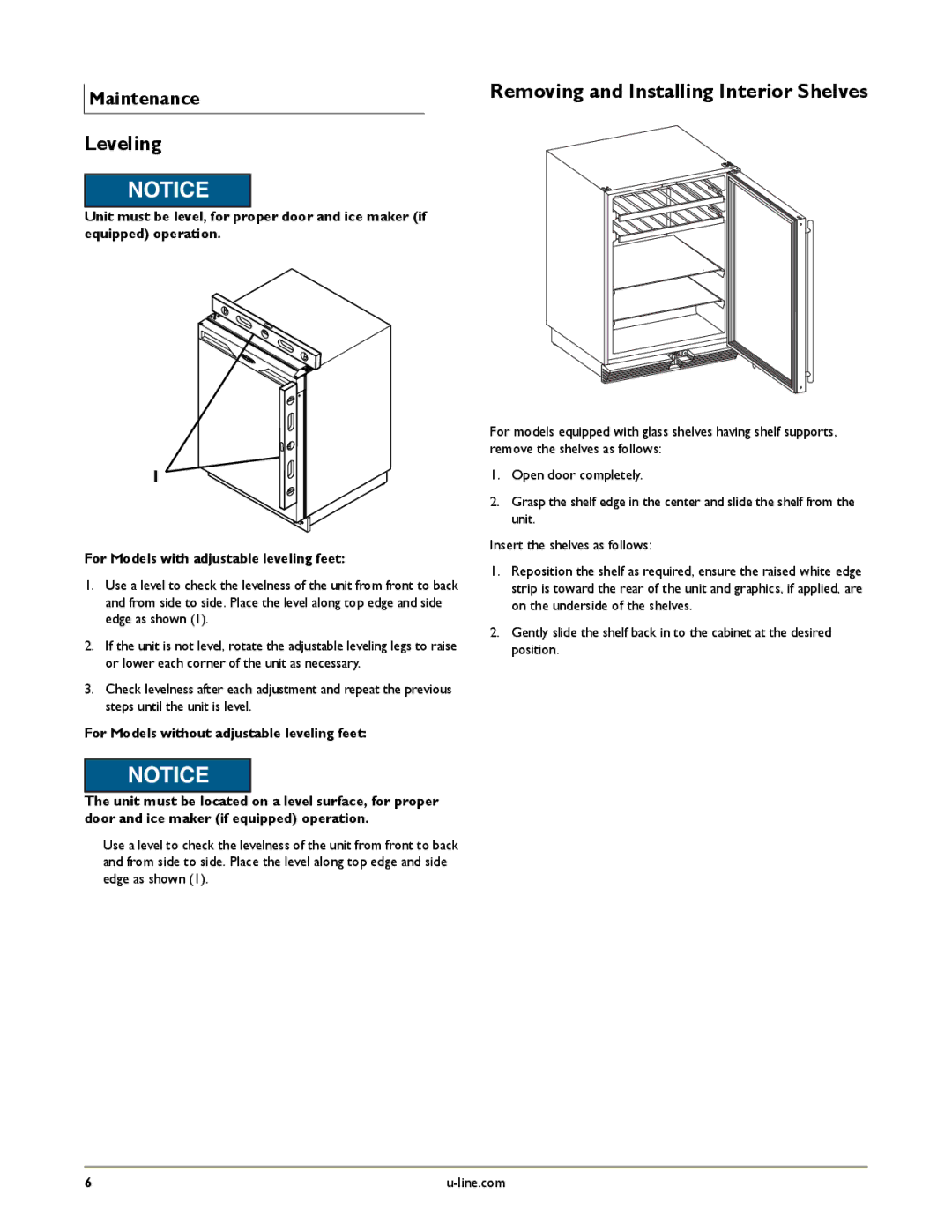 U-Line U-CO298-00 manual Leveling, Removing and Installing Interior Shelves 